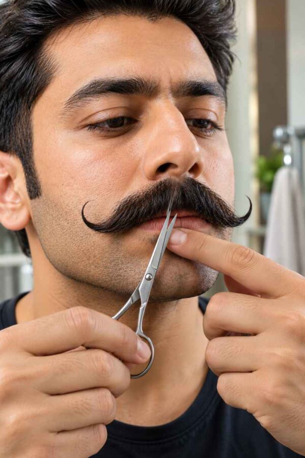 Man trimming the center hairs above the upper lip with grooming scissors while leaving the handlebar mustache ends untouched.