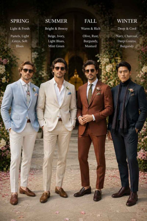 Four fashionable men wearing stylish wedding guest outfits for spring, summer, fall, and winter in a premium men's fashion editorial portrait.